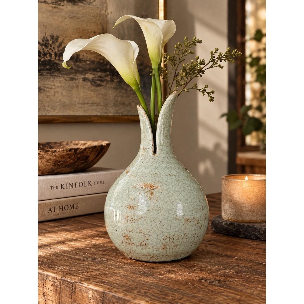 VTG Crackle Glaze Pottery Vase Celadon Green Sculptural Wabi Sabi Rustic 8"
